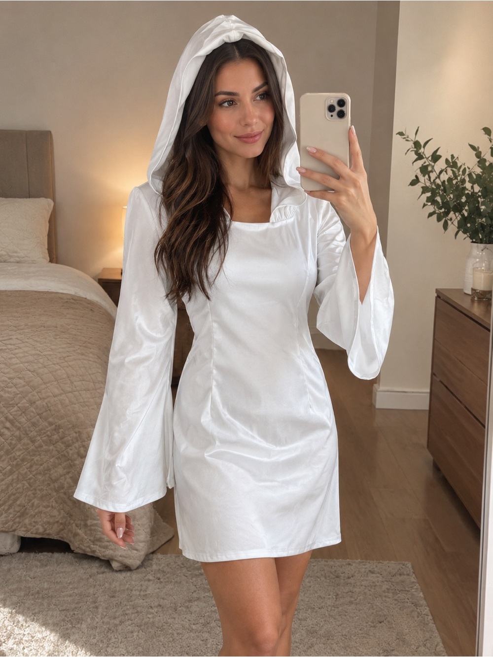 White Hooded Satin Sleep Dress - Halloween